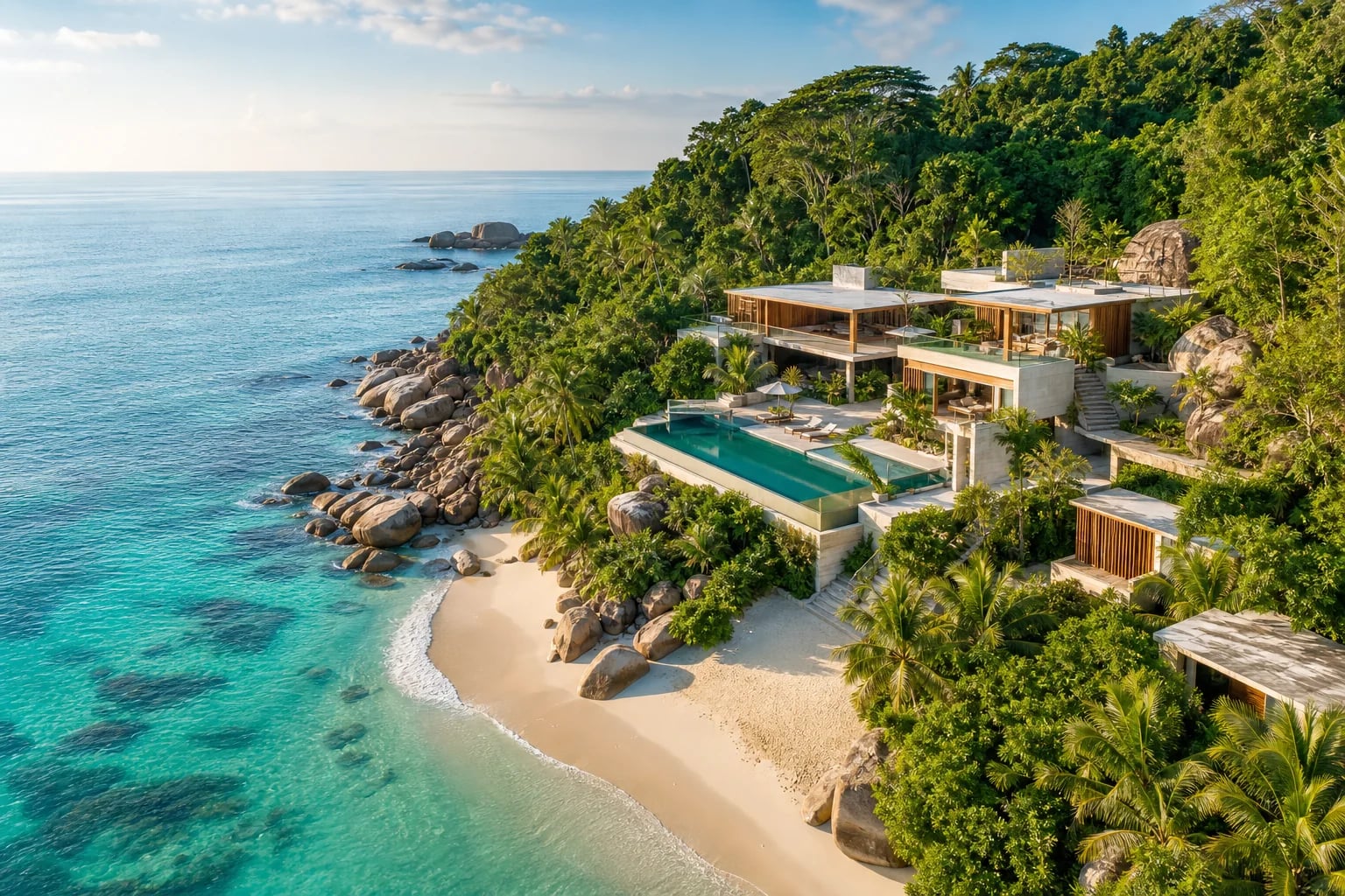 Aerial view of a luxury seaside villa surrounded by tropical greenery