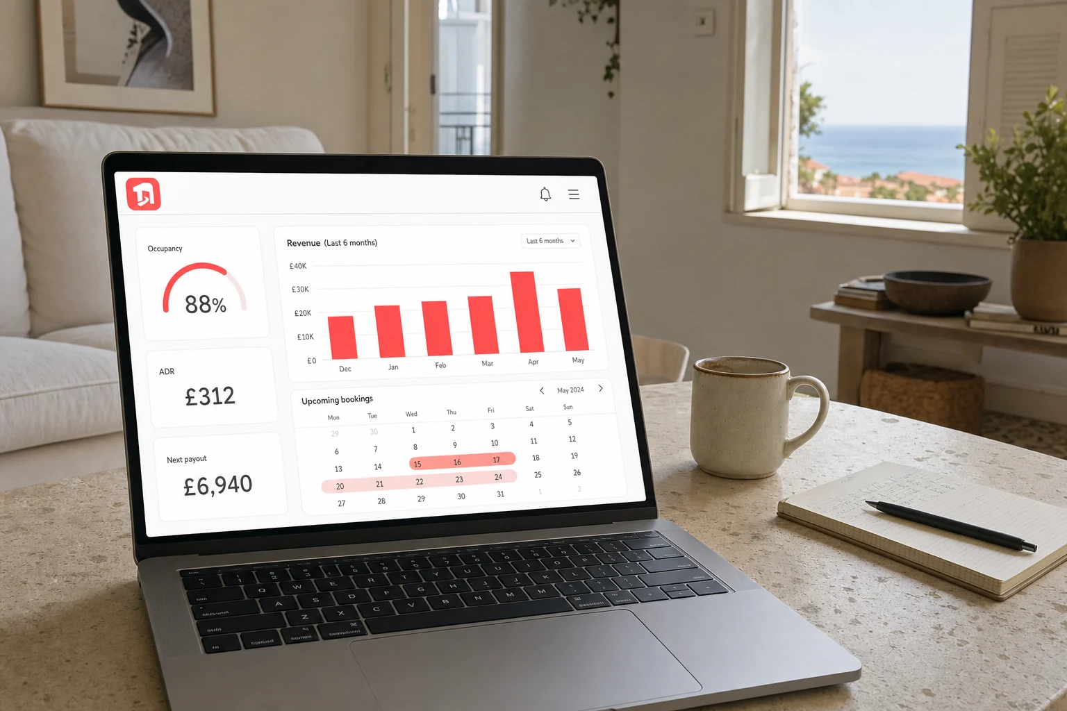 OneStepRent guest request open on a laptop in a coastal rental home