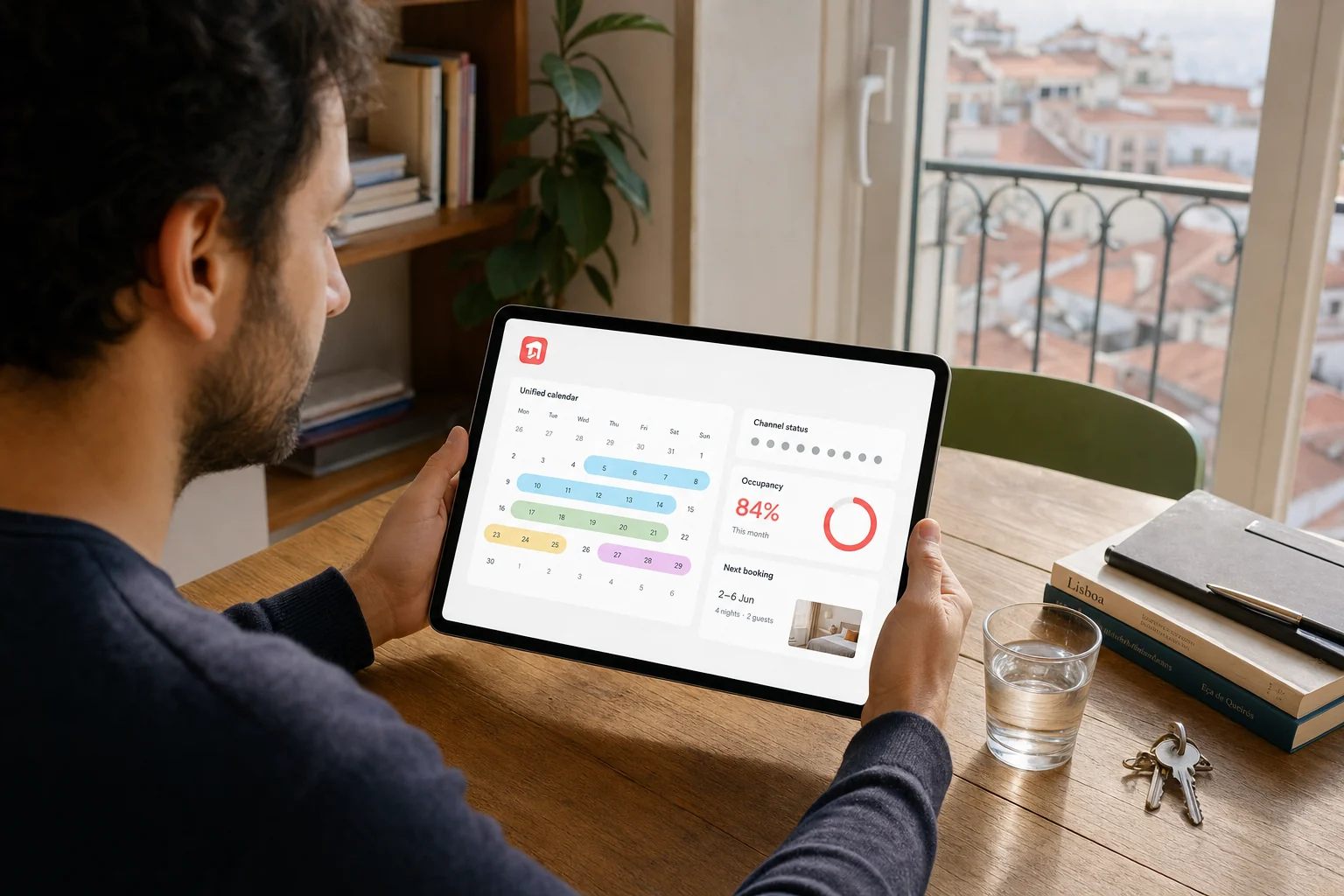 Tablet with a coordinated booking calendar in a sunlit Mediterranean apartment